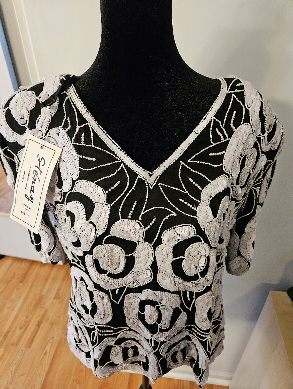 Vintage Sténay Silk Heavily Sequined Beaded Rose Top Blouse Scalloped XL NWT